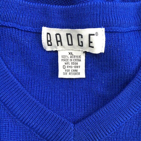 Badge Varsity V Neck Blue Yellow Long Sleeve Sweater - Picture 8 of 8